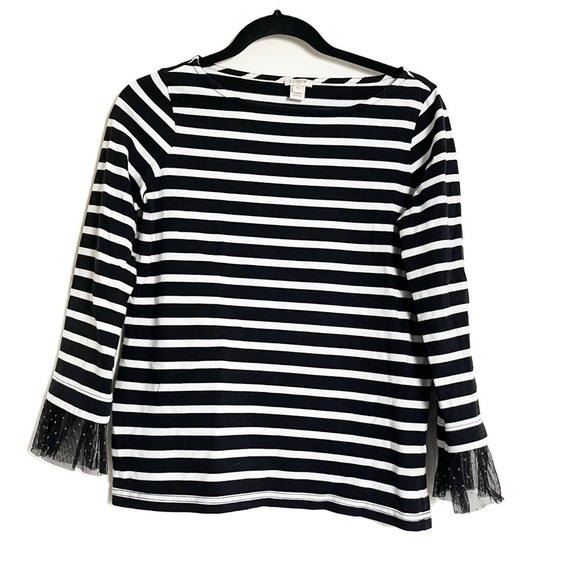 J CREW Women's Tulle Cuffed Stripe Black White Top - XXS - Picture 4 of 11